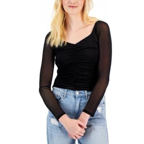 Crave Fame Juniors' Ruched-Front Mesh-Sleeve Top - Black Size XL - Picture 1 of 3